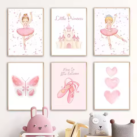 Pink Nursery Custom Girl Name Posters And Print Ballet Princess Shoes Butterfly Castle Wall Art Canv