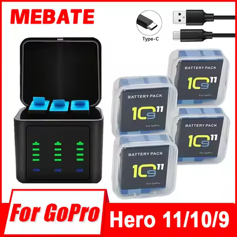 New Battery 2600mAh For GoPro Hero 11 10 9 3-Slots LED Battery Charger Battery Storage For GoPro Her