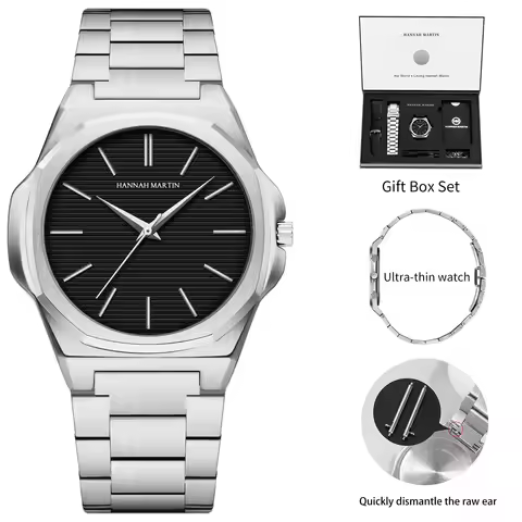 Hannah Martin Quartz Watch Men Hot Ultrathin Japanese Movement Black Steel Business Watch Replaceabl