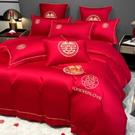 Forever Love  Wedding Elegant Embroidery Bedsheet Set Red Color Bedsheet Fitted Sheet Set/Flat Sheet