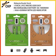 1 PACK 2 PCS MICRO USB EASY RECHARGEABLE BATTERY AA/AAA 1000MAH/450MAH WITH LED INDICATOR