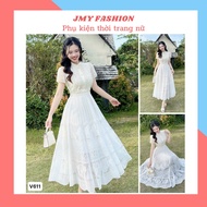 V611, RC673 Cream lace silk dress with long flared design [TH HA LE] feminine long flared cream dres