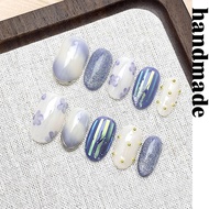 Press on nails handmade Pure Hand-Weared nails Hand-Painted Flower Ice Blue Pure Desire Light Luxury