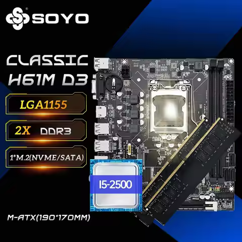 SOYO H61 Gaming Motherboard Kit with Intel LGA1155 CPU i5 2500 DDR3 (8GB*2) 16G Memory M.2 SATA Desk