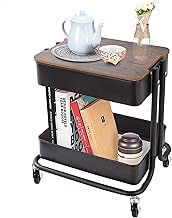 2 Tier Metal Utility Rolling Cart Storage Organizer with Cover Board, Mobile Trolley Sofa Side Table with Wheels for Office Home Kitchen Organization, Black