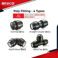 HDPE Poly Fitting Poly PP Pipe Connector End Cap/Straight Coupler/Equal Elbow/Equal Tee 20mm 25mm 32mm