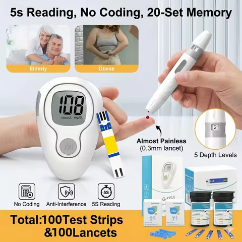 Blood Glucose Monitor Kit Auto-Coding Glucometer for Diabetes Testing Fast 5s Result 50/100 Test Str