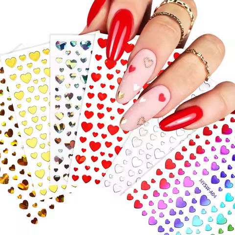 1Pcs 3D Heart Love Nail Sticker Laser Colorful Self-Adhesive Slider Decals 8*10cm Valentines Day Sti