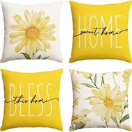 [Single Side] Yellow Sunflower "Bless Home" Pattern Cushion Cover 40x40/45x45/50x50/60x60cm Linen Pi