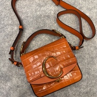 Chloe' Mini C Bag 牛皮壓鱷魚紋手提/斜背包（橘色）