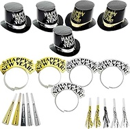 4E's Novelty NYE Party Set for 10 Guest - Hats, Tiaras, & Noisemakers - New Years Eve Party Supplies
