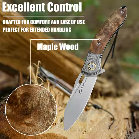 VNLA M390 Powdered Steel Pocket Folding Knife Maple Wood Engraved Steel Head Outdoor Hunting Surviva