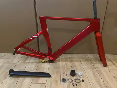 Color Red Aero Road Carbon Road Bike Frameset Disc Brake T1100 UD Bicycle Frame with Handlebar, Bott