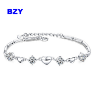 BZY 925 Silver Love Heart Zircon Chain Bracelet Bangle Women Cuff Jewelry