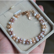 Exquisite 5-6Mm Natural Akoya White Pink Round Pearl Bracelet 925 Silver