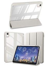 1入灰色智能保護殼，適用於iPad Pro 11英寸1代2代、12.9 3代、Air 4代 5代、iPad 10代9代8代7代10.9 10.2 10.5 9.7英寸Mini 4代5代6代產品，透明框，支援開啟/關閉手機存儲，配有筆槽，具備防墜耐震支架和平板電腦皮革材質 - 灰色