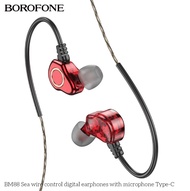 Borofone BM88 Sport Dual-Speaker Earphones With Mic Type-C Wire-controlled Earphone Microphone Music Earbuds Headset Headphone HD Stereo Surrond Sound Audio Plug 10mm Speaker Button Control 1.2m Cable Universal Red BM 88 通用有線耳機連咪1.2米線控音頻插頭立體聲有綫耳筒紅色