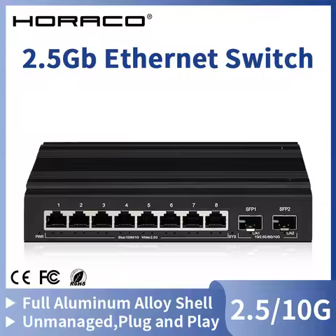 HORACO 2.5G Network Switch 8 Port Ethernet Switch with 2*10G SFP+ Plug and Play Fanless Homelab Swit