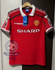 New!! เสื้อฟุตบอลย้อนยุค Retro  แมนยู Home คอซิป 1998/1999 อัดชื่อนักเตะ BECKHAM, SCHOLES, KEANE, CA