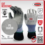 M-SAFE SIRIM DOSH LEVEL 5 CUT RESISTANT PU COATED GLOVES 4542D ABRASION SARUNG TANGAN KELABU FIT M-P