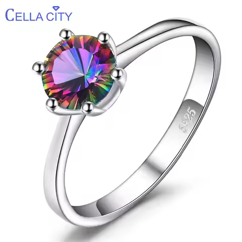 Cellacity Genuine Rainbow Mystic Topaz Ring Sterling Silver Rings for Women Engagement Ring Silver G