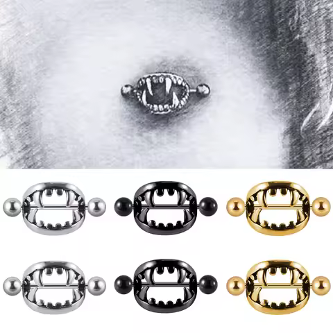 Pair 361L Surgical Steel Nipple Barbell Ring Vampire Teeth Nipple Shield Punk Mouth Nipple Piercing 