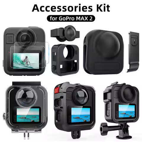 For GoPro MAX 2 Screen Protector Glass,Lens Cap, Silicone Case, Frame Cage, Underwater Dive Case - f