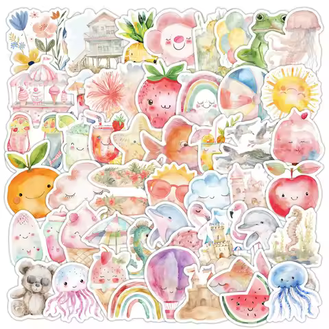 50PCS Small Watercolor Summer Graffiti Stickers - Waterproof Decor for Water Cup & Computer AnimeWor