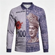 Malaysia Merdeka Long Sleeve Polo Shirt, Printed with RM50 & RM100 Ringgit Banknote Pattern, Unisex 