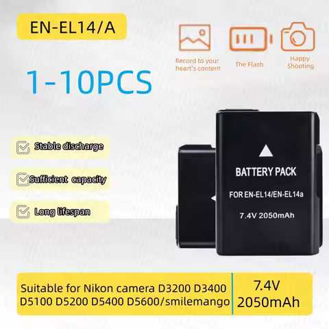 1-10 PCS 7.4V EN-EL14 2050mAH Battery Suitable for Nikon Camera D3200 D3400 D5100 D5200 D5400 D5600