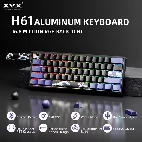 XVX H61 Wired Aluminum Mechanical Keyboard 60% with Kanagawa Keycaps Hot-swappable RGB Gamer Keyboar