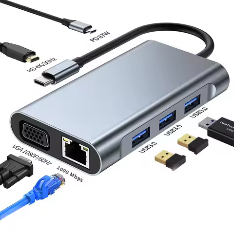 TypeC Hub Multiport Adapter 7in1 USBC Docking Station with 4K HDTV 100W PD Charging VGA Gigabit Ethe
