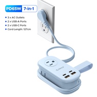 ORICO 7 In 1 65W ปลั๊กไฟ2 USB-C 2 USB-A 3เต้าเสียบสหรัฐ Steker Pipih 127ซม. รองรับการชาร์จอย่างรวดเร