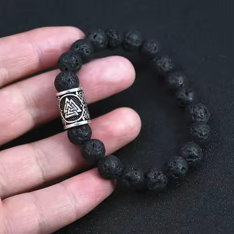 Fashion Charm Beads Bracelet Vintage Volcano Lava Stone Beads Runes Beads Men Bracelet Viking Rune B