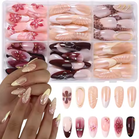 144 Pieces (6 Styles) Almond-Shaped Pressing Nails, 3D Gel Flower Wine Red French Manicure, Y2K Styl