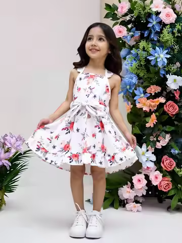 Fashionable casual floral dress with pleated decoration for girls (including a belt) suitable for ou