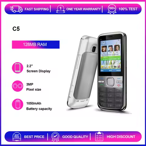 Unlocked Refurbished C5 C5-00i/C5-00 5MP/3MP 2G/3G GSM 900 / 1800 1050mAh Phone Russian Arabic Hebre