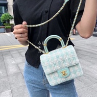 Chanel毛呢粗花款手柄盒子包 芯片款 白拼綠色 金扣16*14*7  9新 配件塵袋