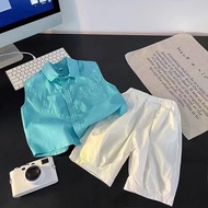 Boy Hong Kong Shirt Set 2025 Blue Sleeveless Shirt Middle Pants Boy Handsome Boy