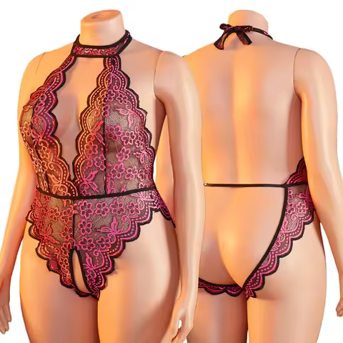Plus Size Bodysuit Exotic Seductive Deep V Open Bra Crotchless Erotic Backless Sheer Lace Nightdress