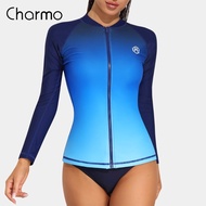 Charmo Women Long Sleeve TOP Shirt Rash Guard Sun Protection Top Gradual Color Front Zipper UPF 50+