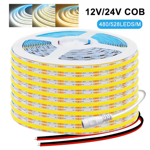 DC12V 24V COB LED Strip Light 480 528LEDs/m High Density Flexible Tape Ribbon 8mm RA90 FOB Led Light