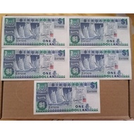 SINGAPORE 1 DOLLAR SHIP SERIES 1987 YEAR'S UNC WITH 5 RUNNING NUMBER.