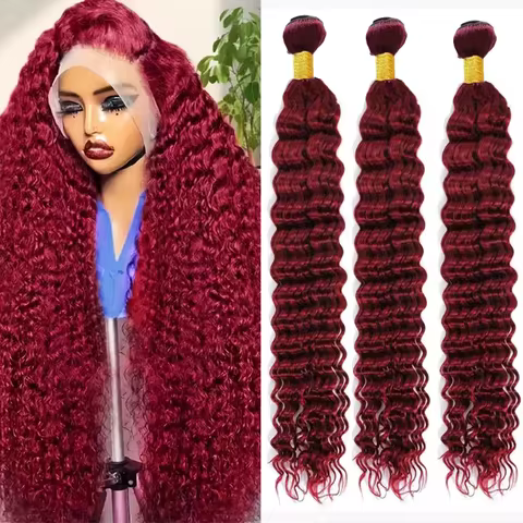 #99j Red color Burgundy Deep Wave Bundles 30 32 Inch 100% Remy Human Hair Weaves 99j Colored Bundles