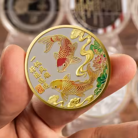Annual Abundance (with "Fish" Pun) Lucky Commemorative Coin & Continuous Good Fortune Koi Commemorat