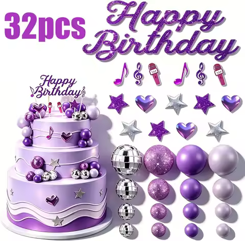 32pcs Kpop Purple Music Cake Toppers Disco Purple Ball Paper Popular Birthday Cake Decoration Music