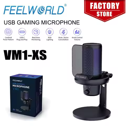FEELWORLD VM1-XS USB Condenser Gaming Microphone for Streaming Noise Cancellation Mute RGB Light Boo