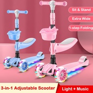 SG Stock/3-in-1 Adjustable Kick Scooter Kids Folding Removable Seat with Extra Wide Wheels Flashing Light Music
