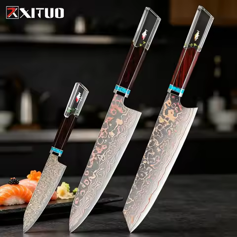 Knife XITUO Damascus Kitchen XITUO Premium Copper Damascus Kitchen Knife 1-3PCS,Rainbow Copper Damas