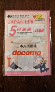 日本4G 5日無限上網漫遊卡 Docomo